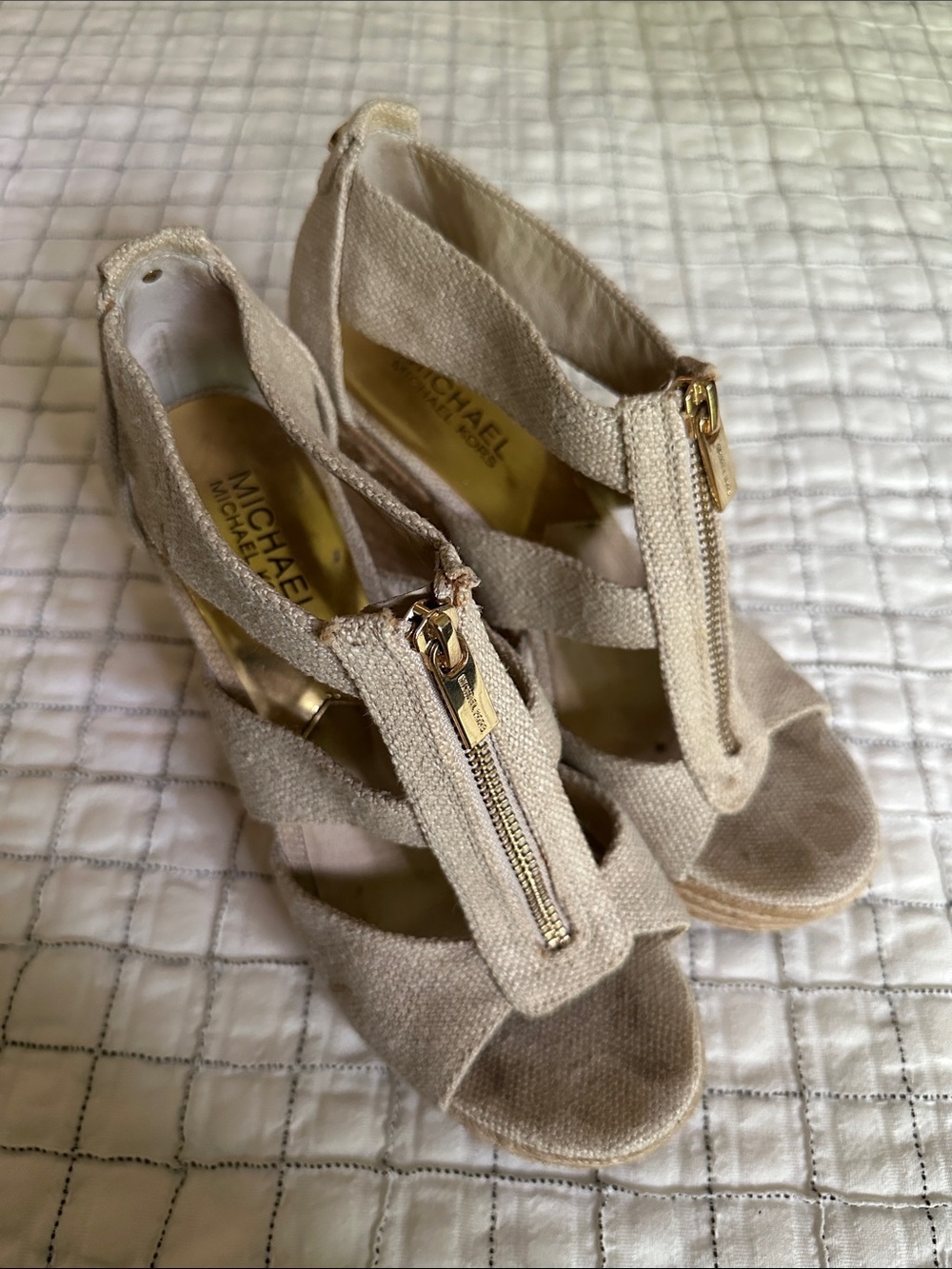 Michael Kors Neutral Beige Front-Zip Wedge Sandals